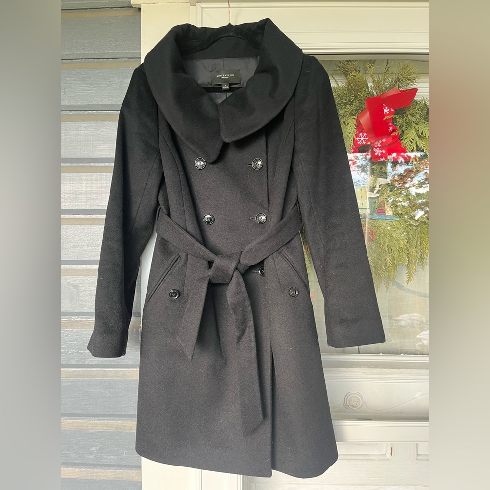 Ann Taylor Women's S Black Double-Breasted Wool Blend Belted Pea dress Coat
